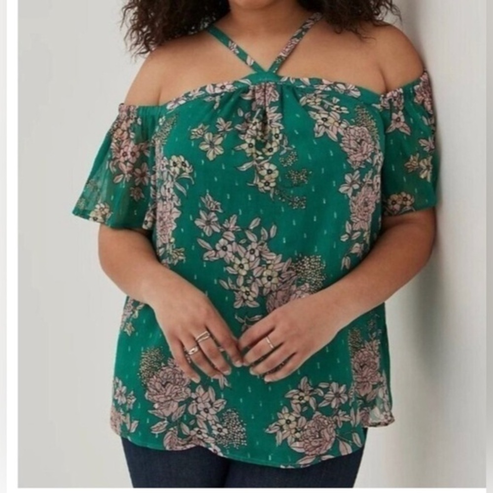 NEW…TORRID Green Floral Off-Shoulder Crinkle Chiffon Blouse